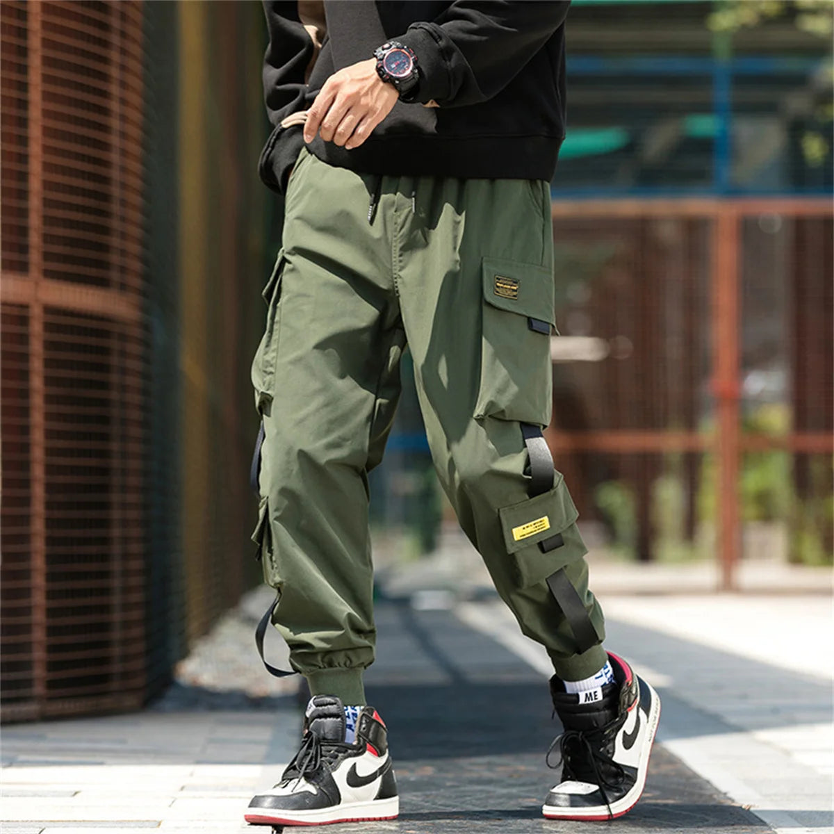 Men's Cargo Pants Casual Hip Hop Hit Color Multiple Pockets Trousers Streetwear Ribbons Techwear Sweatpants Boys.