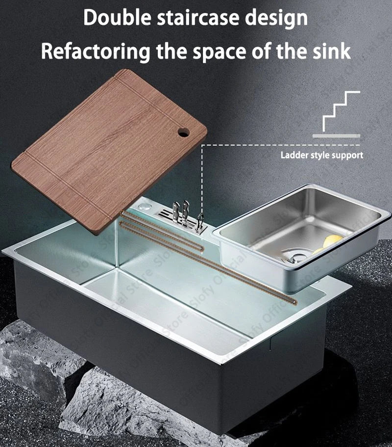 Küchenspüle aus Edelstahl 304, großes Fassungsvermögen, Wasch-/Schnitt-/Abfluss in einem, komplettes Set, multifunktionale Gemüse-Arbeitsstation für den Haushalt