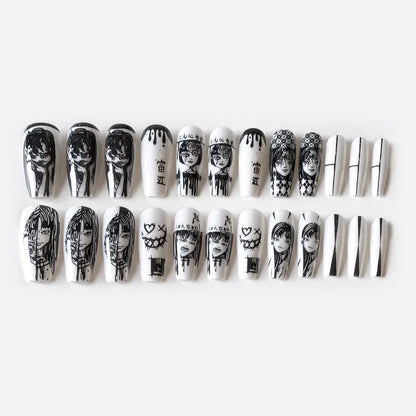 24Pcs Horror Comic Tomie Press on Nails Almond Glossy Black Japanese Anime Nails Reusable Halloween False Nail Tips for Girls.