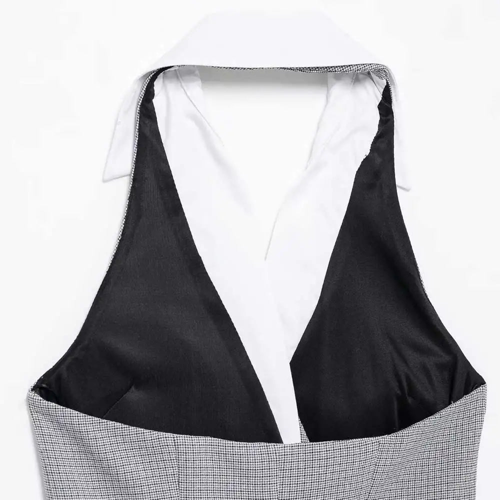 TRZA Mode Zweireiher Plaid Halter Mini Kleid für Frauen Front Klappen Taschen Backless Weibliche Kleider Vestidos Mujer.