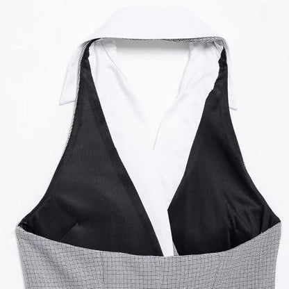 TRZA Mode Zweireiher Plaid Halter Mini Kleid für Frauen Front Klappen Taschen Backless Weibliche Kleider Vestidos Mujer.