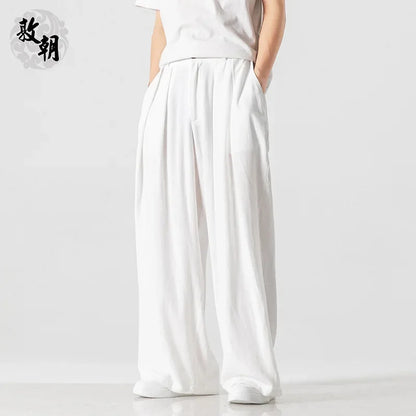 Hanfu Spirit Draped Linen Pants For Men Straight-leg Casual Trousers Chinese Style Loose-fit Ancient Wide-leg Song Trousers.