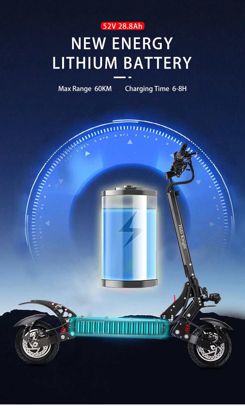 Halo Knight T108 28.8Ah 1000W Dual Motor Faldable Electric Scooter 65KM/H Max Range 60KM On-Road Tire E Scooter with Suspension.