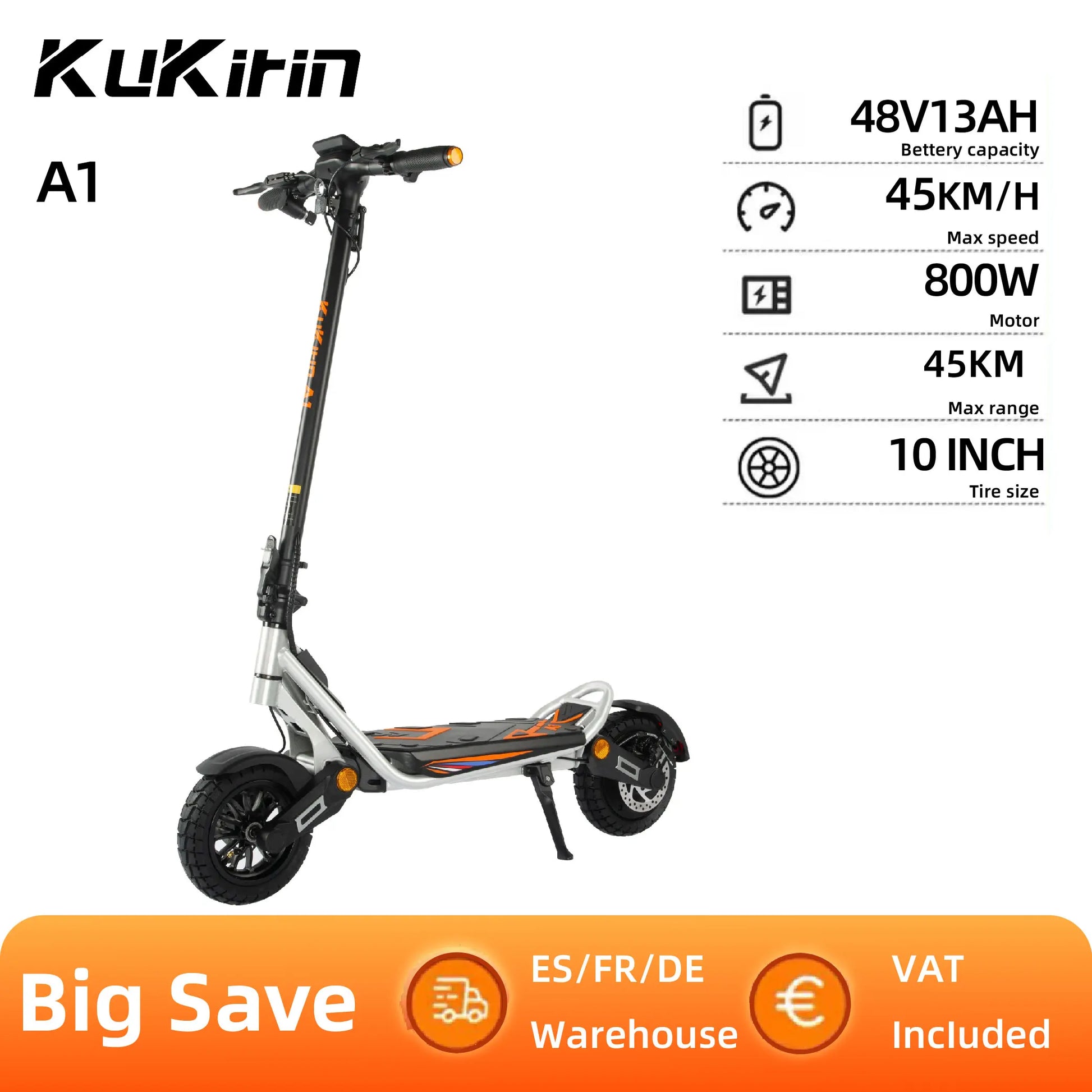Kukirin A1 Adult Electric Scooter 800W Motor 48V 13Ah Battery Foldable Electric Scooter 10 Inch Vacuum Tires Electric Scooter.