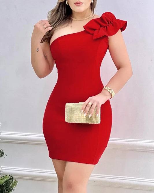 Sommer Mode Rot Applikationen Frauen Mini Party Kleid Bodycon Elegante Rüschen Sexy Eine Schulter Geburtstag Abend Club Outfits.