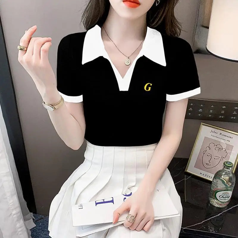 Women's Polo Shirts Slim Female Tee Plain Graphic T-shirts Embroidery Polyester Y2k Fashion Aesthetic Basic Synthetic Luxury New.