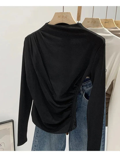 Early Autumn Pure Color High Neck Pleated Slim Fit Sexy Base Shirt Women's Fashionable Crew Neck T-shirt Full Sleeve China Origi