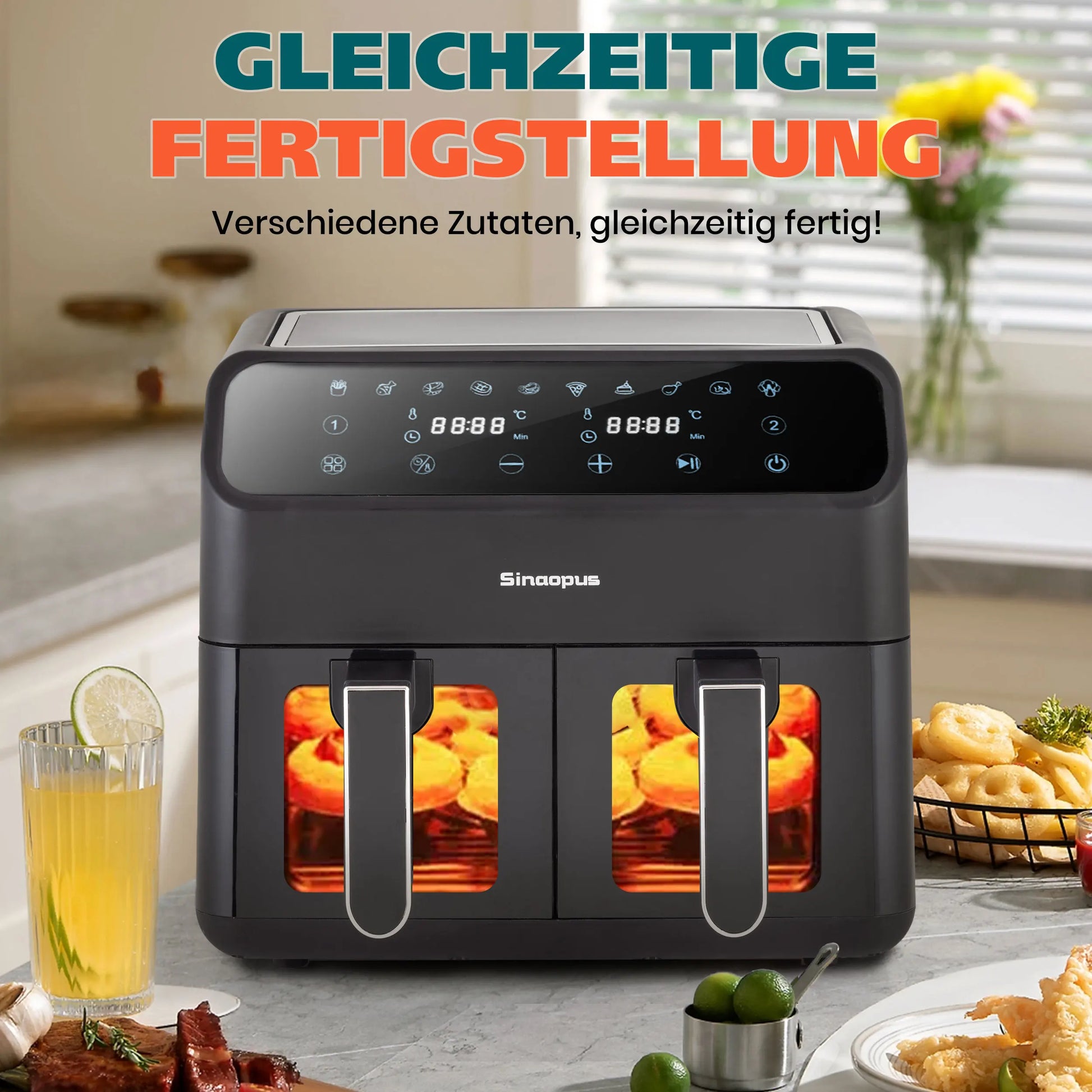 Sinaopus 2000W 9L XXL Hot Air Fryer with Dual Chambers Multi-function LED Touch Screen Timable Oil-Free Cooking Air Fryer.