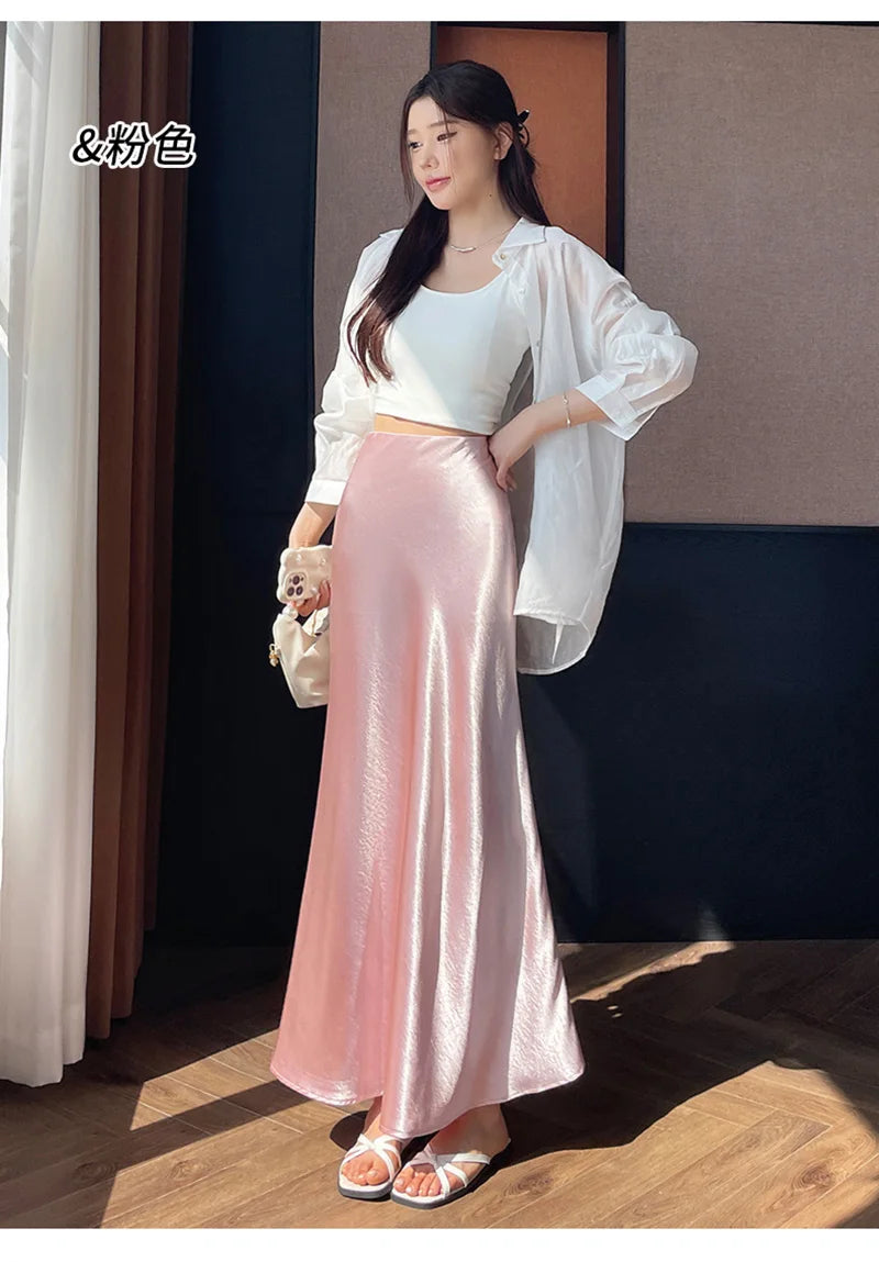 Zoki Chic Satin Elegant Long Skirt Women Casual Fashion High Waist Sweet Trumpet Skirts Slim Summer Female Korean Long Skirts.