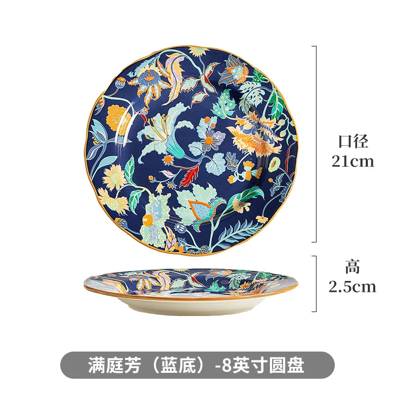 1PC Chinese-style Ceramic Plates New Flower-patterned Dinner Plates Ceramic Fruit Salad Plates Exquisite Kitchen Accessories