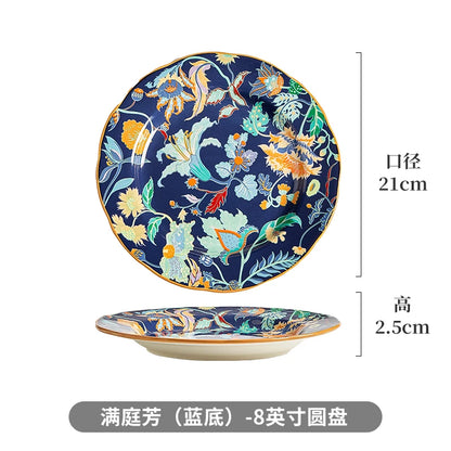 1PC Chinese-style Ceramic Plates New Flower-patterned Dinner Plates Ceramic Fruit Salad Plates Exquisite Kitchen Accessories