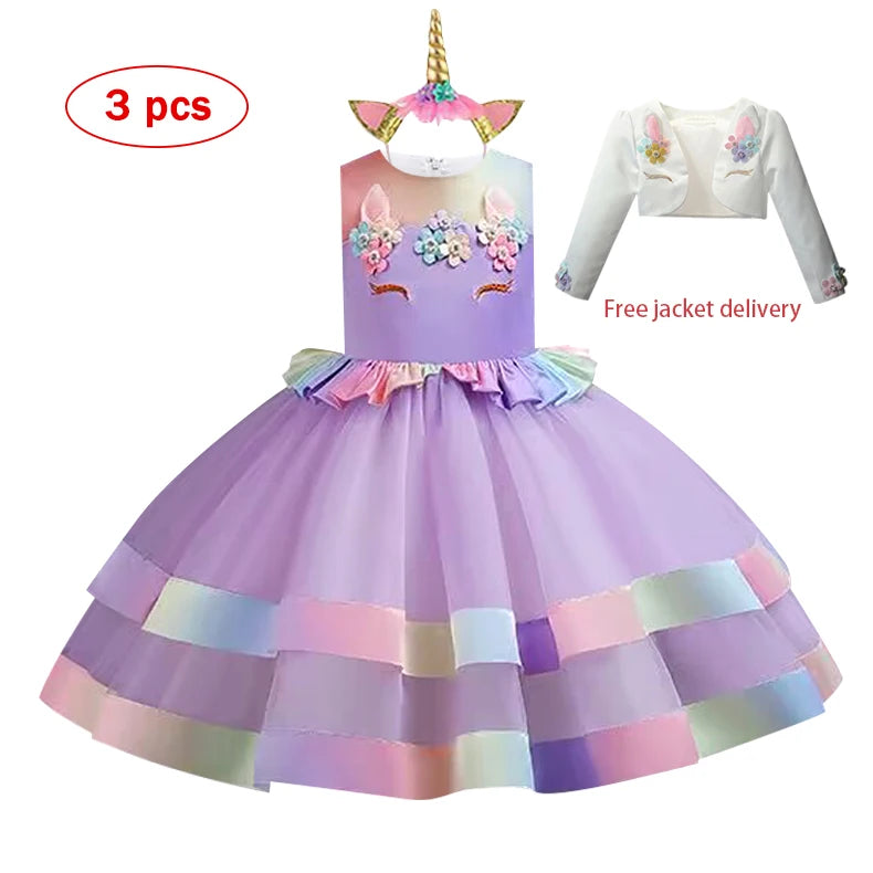 2023 Neues Regenbogen-Einhorn-Kleid für Mädchen, besticktes Tanzkleid, Halloween-Performance-Kleidung, Kinderkleidung, 3–10 Jahre alt