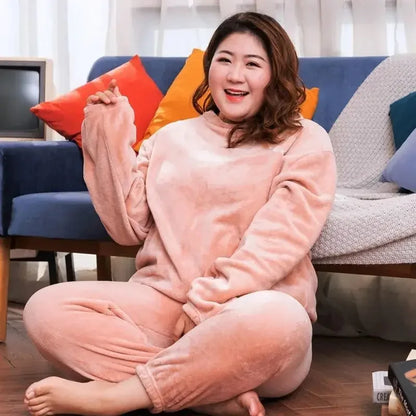 Winter Pajamas Coral Fleece Warm Pajamas Set Thick Long Sleeve Large Size 85kg Outside Pajamas Elastic Waist Trousers Pajama Set.