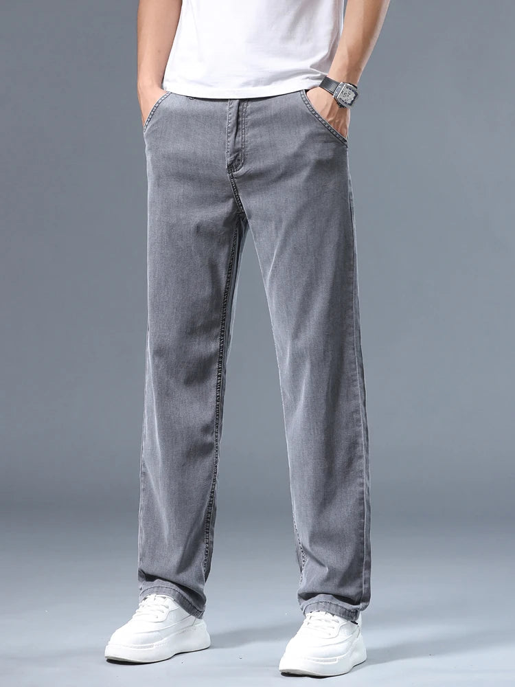 Summer Thin Men's Loose Straight Jeans Lyocell Soft Drape Business Casual Trousers Classic Smoke Gray Brand Ice Silk Pants.