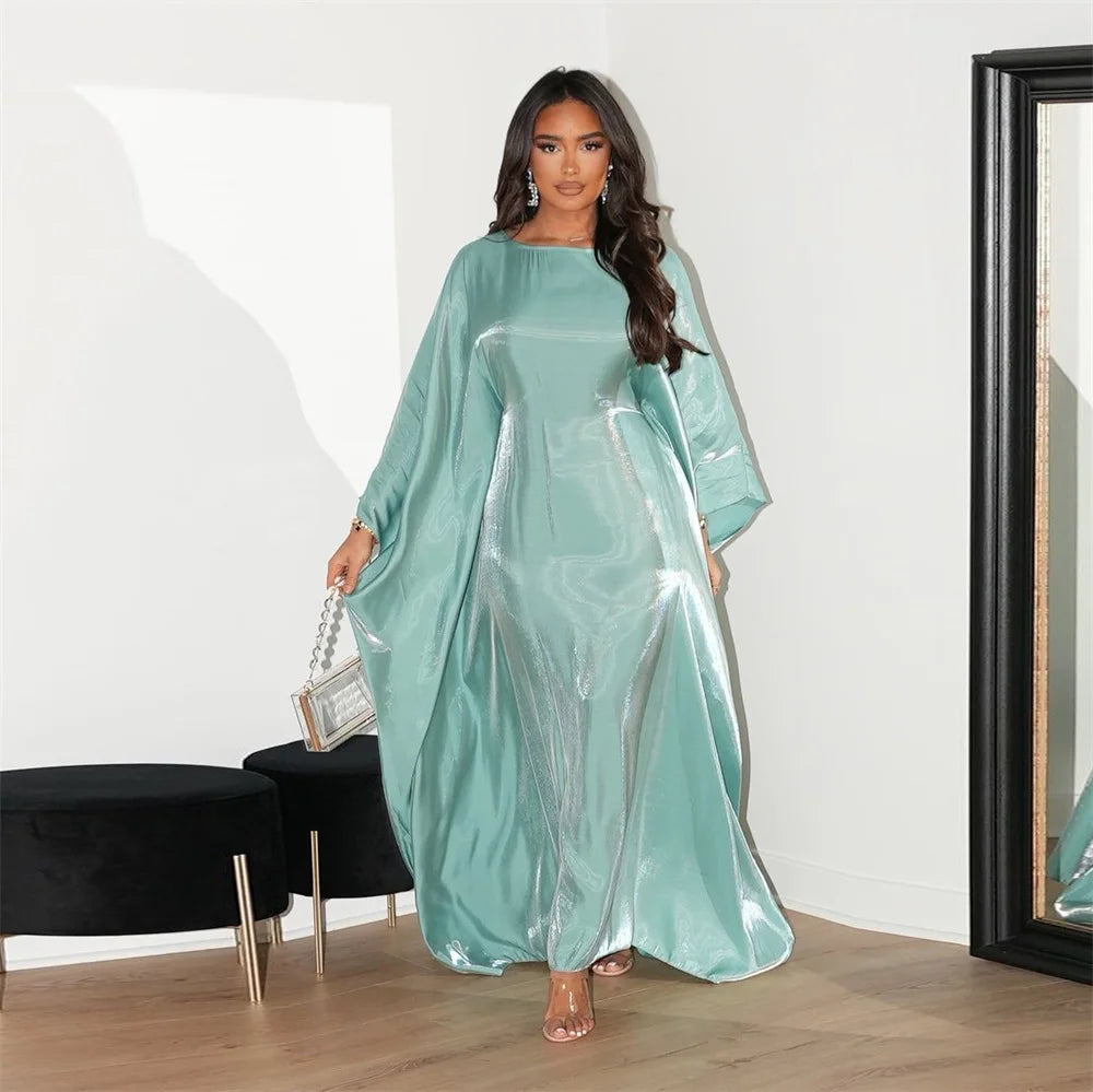 Siskakia Muslim 2024 New Eid Dresses Solid Shiny Satin Batwing Sleeve Modest Kebaya Turkish African Women Abayas Saudi Clothing.