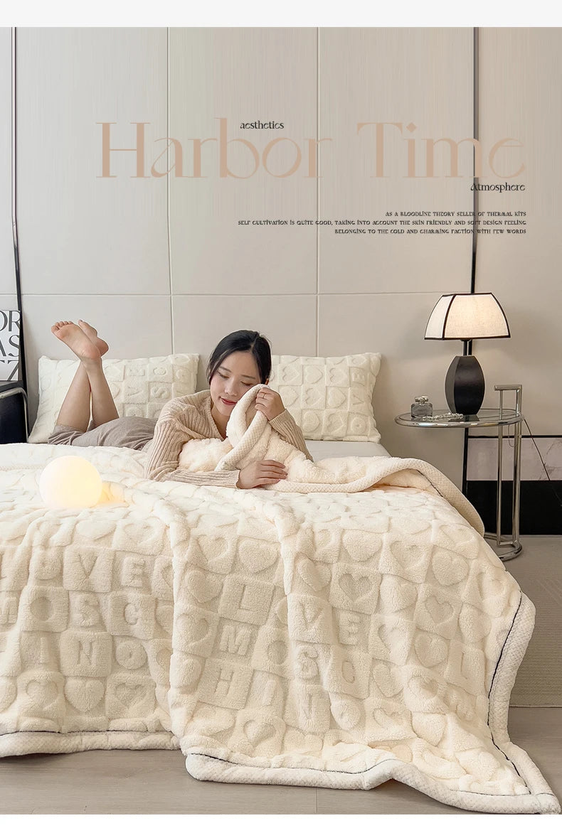 Heart Pattern Coral Fleece Blanket Autumn Winter Double Layer Thicken Warm Plush Blanket for Bed Fluffy Soft Sofa Throw Blankets.