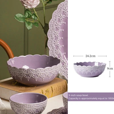 Solid Color Ceramic Tableware Lace Embossed Ceramic Tableware Bowl Plate Cup Rustic Irregular Dinner Plate  Dinner Plates.