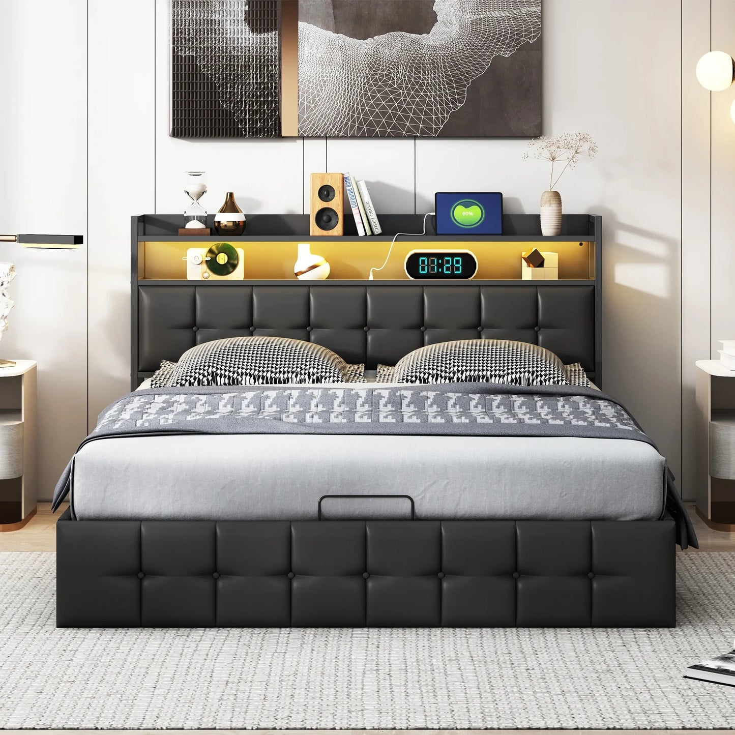 Rosahqnda Kissenbett, gepolstertes hydraulisches Bettgestell, graues Leinenkopfteil, Leinenstoff ohne Matratze