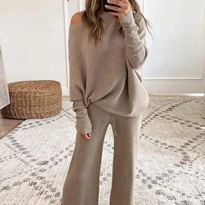 New Women's 2pcs Clothes Set Solid Color Round Neck Long Sleeve Casual Top & Loose Wide Leg Pants Home Wear.