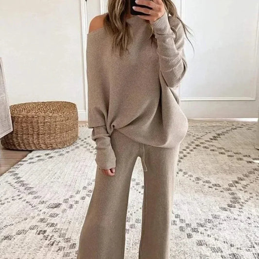 New Women's 2pcs Clothes Set Solid Color Round Neck Long Sleeve Casual Top & Loose Wide Leg Pants Home Wear.