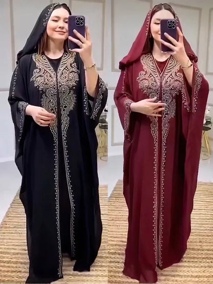 Eid Muslim Dress for Women Hooded Abaya 2 Piece Set Diamond Jalabiya Morocco Party Dresses Dubai Abayas Kaftan Vestido Long Robe.