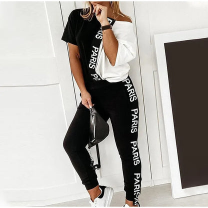 2023 Women's Spring Summer Sportswear Two-piece Set With Patchwork Letters Short Sleeved Long Pants Casual Women's Two-piece Set.
