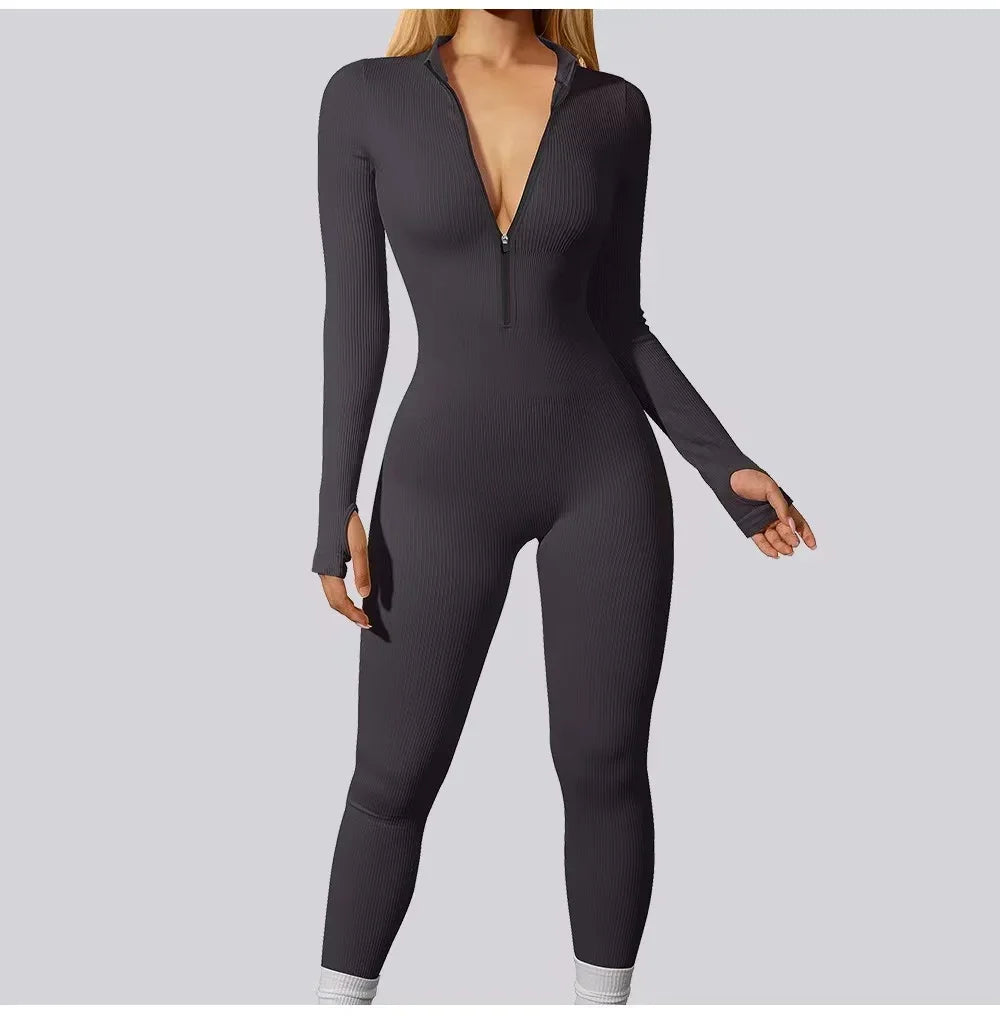 2024 New Fitness Outfit Female Casual Sport Workout Zipper Jumpsuit Women Romper Long Sleeves Skinny Activity Wear Overalls Tops.