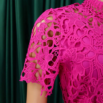 Elegant Jumpsuits & Rompers for Women O Neck Lace Patchwork Short Sleeve Sashes High Waisted Luxury Birthday Party Dinner Outfit.