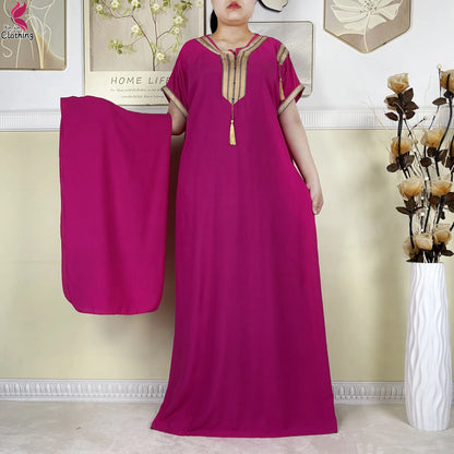 2025 Muslim Caftan Short Sleeve Dress Solid Cotton Summer Abaya African Traditional Dresses Islam for Women Casual Clothing