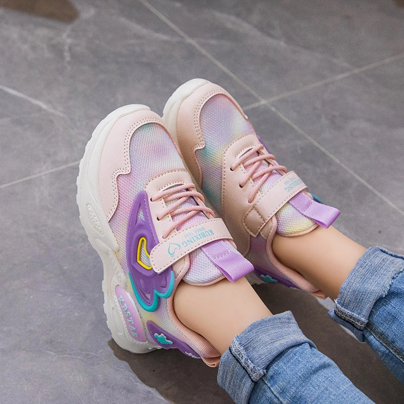 Girls Sports Shoes Kids Running Shoes Pink Breathable Air Mesh Heart Sweet Sneakers Cute Hook & Loop Children's Casual  Shoes.