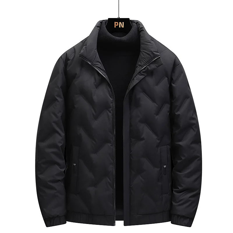 Men's winter standing collar cotton jacket with diamond grid pattern warm jacket, casual solid color fashionable simple jacket.