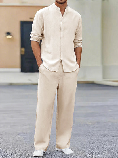 Summer Men's Two Pieces Casual Outfit Loungewear Solid Color Long Sleeves Shirt Breathable Trousers Suits Men Loose Streetwear.