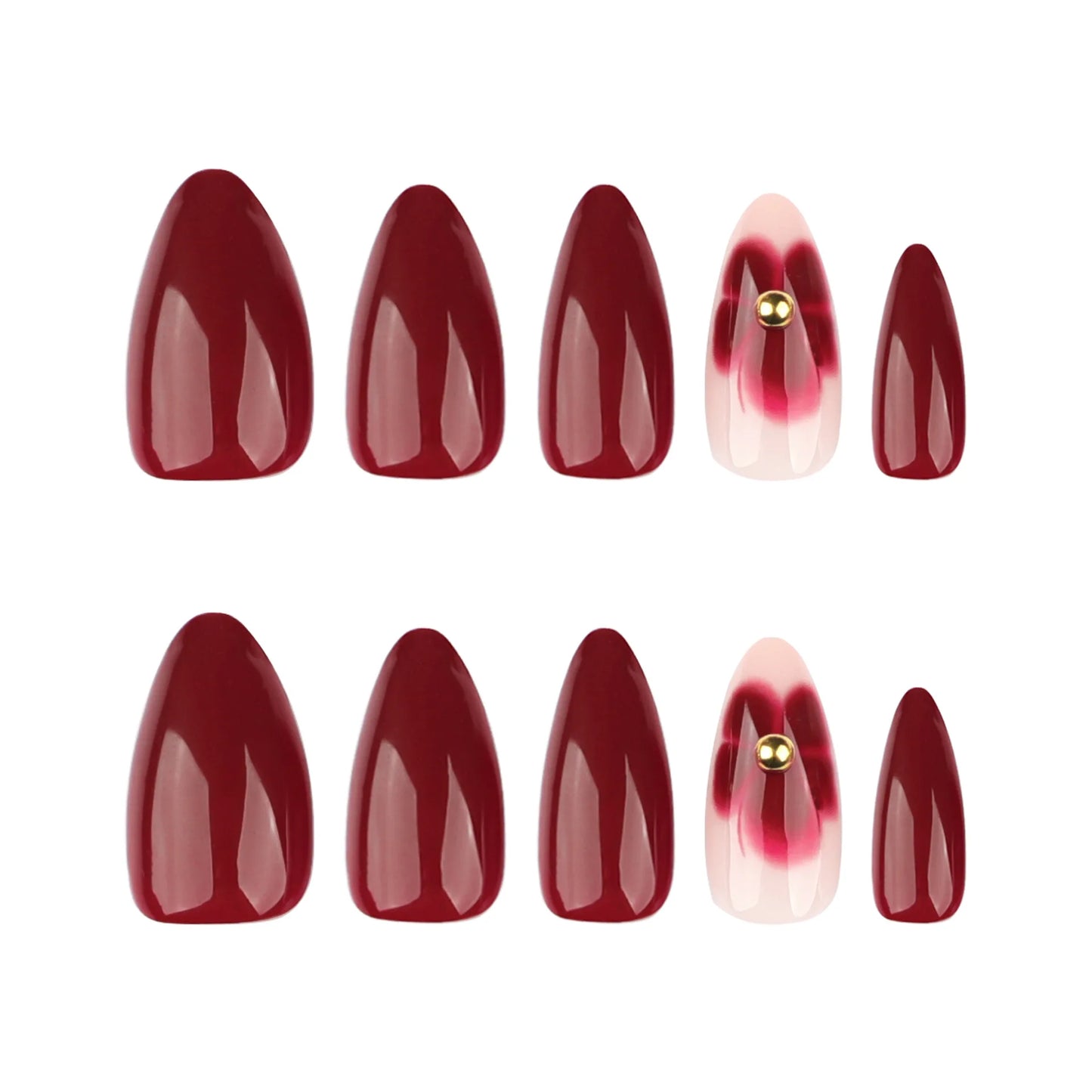 24pcs Women'S Nail Set Burgundy Almond Shape Medium Length Solid Color with Floral Golden Dust Design Fake Nails for Women/Girls.