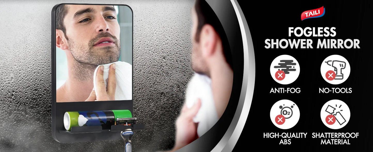 TAILI Dusch-Rasierspiegel mit Ablagefach, mit Rasiererhalter, abnehmbarer Saugnapf, bruchsicher, beschlagfreier Badezimmerspiegel