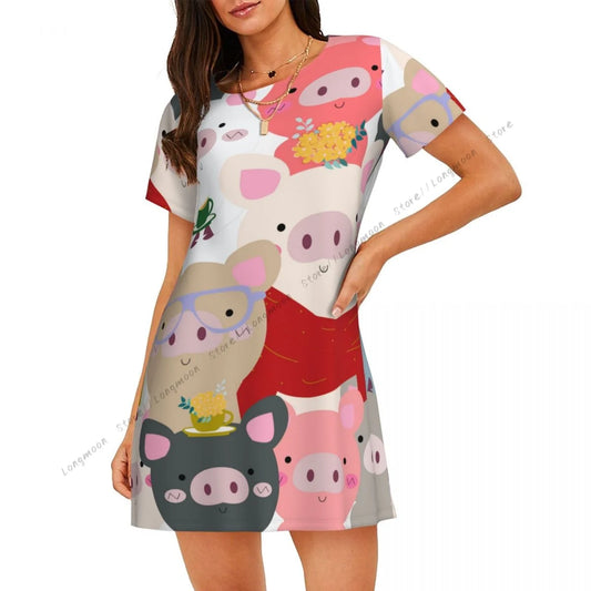 Sommer-Damen-Pyjama, Vintage-Stil, süßes Babyschwein, blau, grau, Pastell, Cartoon-Comic-Kunst, kurzärmeliges Nachthemd, dünner langer Rock, Homewear.