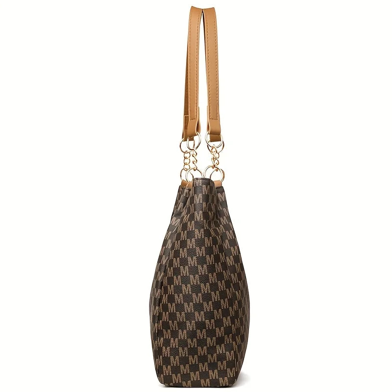 Vintage Geometric Tote Bag Synthetic Leather Letter "M" Design for Women Handbag Shoulder Bag Large Capacity Shopping Travel Bag