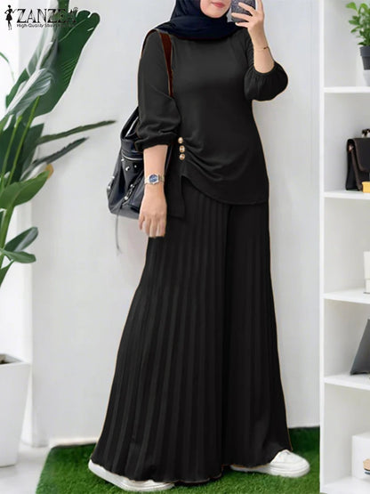 ZANZEA Muslim Women 2 Pieces Pant Sets Hijabis Casual Asymmetric Hem Long Sleeve Blouses & Pleated Pants 2pcs Suits Outfits.
