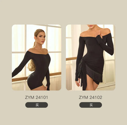 ZYM Off Shoulder Latin Dance Dress Women Long Sleeves Fringe Dress Adult Rumba Dance Practice Wear Performance Clothing DNV22221.