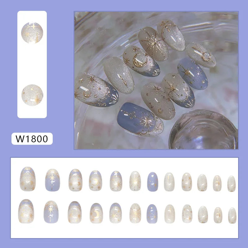 24pcs Romantic Y2k Star Press On Nails Gradient Blue French Style Gold Moon Designs Fake Nail Sweet Almond False Nails For Women.