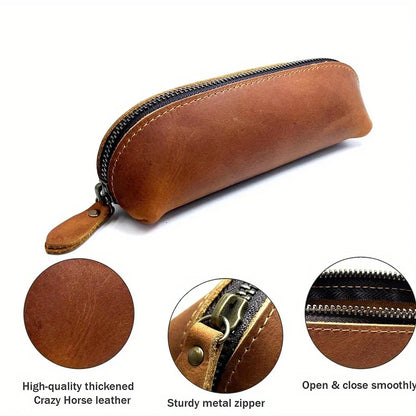 Vintage Leather Pencil Bag Simple Stationery Hoder Pen Case Storage Bag Zipper Pencil Pouch Glasses Box School Supplies.