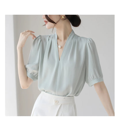 2025 Fashion Summer Short Sleeve V-Neck Women Blouse White Blouse Shirt Women Tops Blouses Shirts Blusas De Mujer Camisas P856