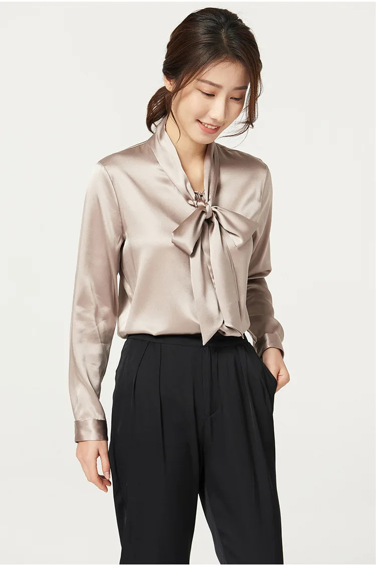 Heavyweight Mulberry Silk Shirt Women's 2025 Spring And Autumn New Long Sleeve Satin Silk Blouse V-neck Bow Ribbon Shirt