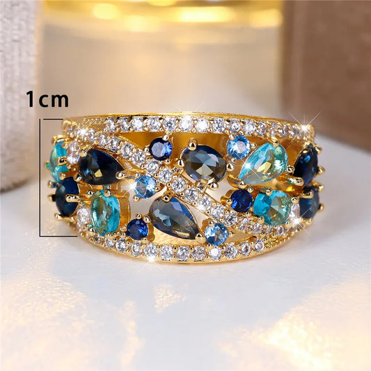 Cute Female Big Water Drop Engagement Ring Vintage Gold Color Wedding Jewelry For Women.