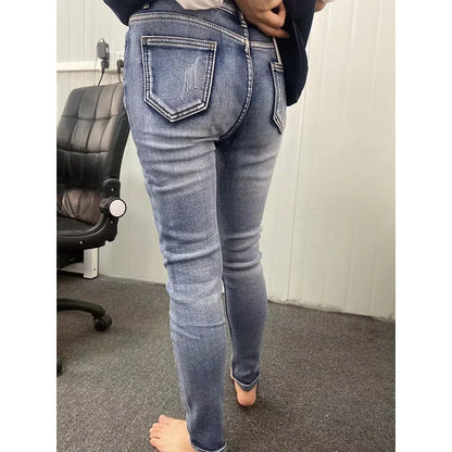 Frauen Thermische Dünne Jeans Mom Winter Warme Plüsch Stretch Jeans Dame Fleece Schnee Denim Hosen Student Bleistift Gerade Bein Hosen