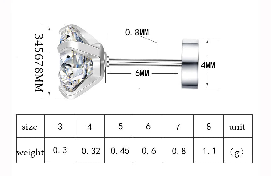 4 Color Top Stainless steel Unisex Women Men Round Crystal Zircon Ear Studs Earrings Piercings Fashion non-allergic Jewelry.