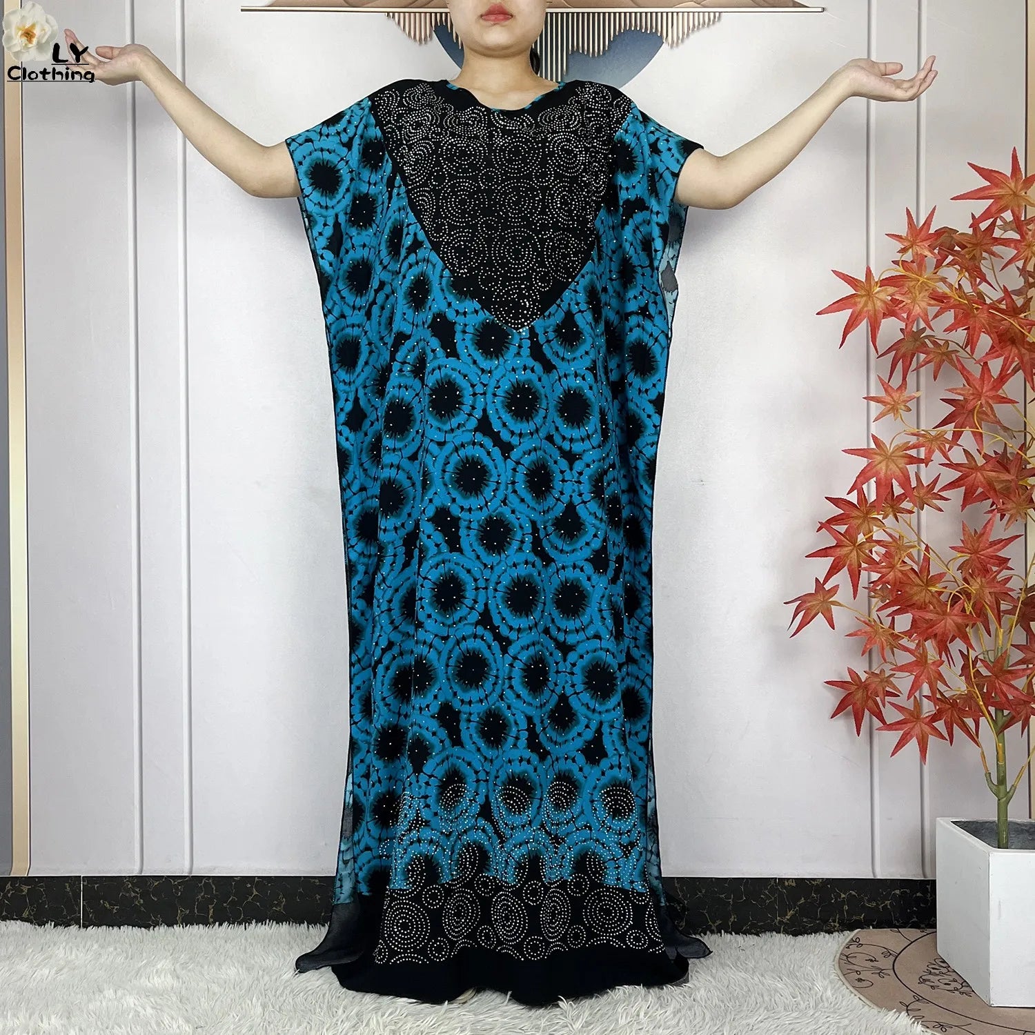 2024 New Muslim Women Dashiki Printed Dress Flower Diamonds Loose Dress With Big Scarf Islamic African Women Short Sleeve Abaya.