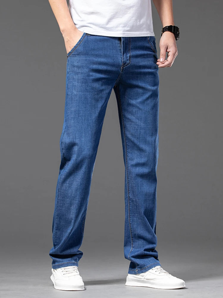 Sommer Dünne männer Gerade Jeans Klassische Schwarz Blau Stretch Casual Business Baggy Denim Hosen Männliche Marke Hosen.