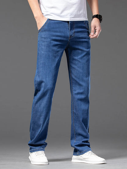 Sommer Dünne männer Gerade Jeans Klassische Schwarz Blau Stretch Casual Business Baggy Denim Hosen Männliche Marke Hosen.