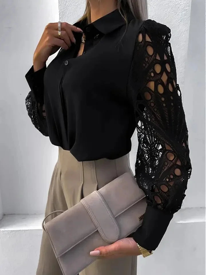 White Sexy Lace Hollow out Women Blouse Autumn Spring Black Top Vintage Button Up Shirts Long Sleeve Tops.