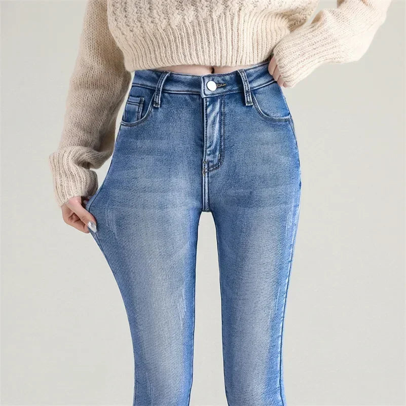 Frauen Thermische Dünne Jeans Mom Winter Warme Plüsch Stretch Jeans Dame Fleece Schnee Denim Hosen Student Bleistift Gerade Bein Hosen